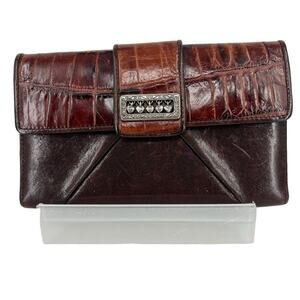 Brighton Wallet Brown Reptile Embossed Leather Floating Heart Folding‎ Checkbook